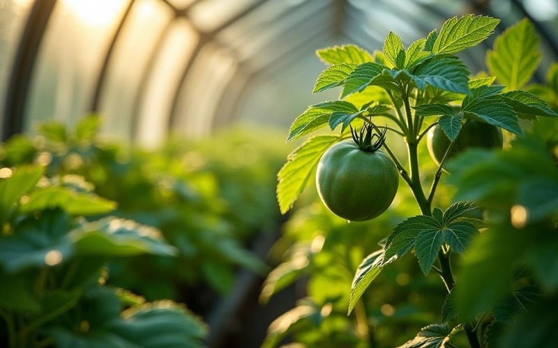 Green tomatillos developing inside papery husks on greenhouse vines.