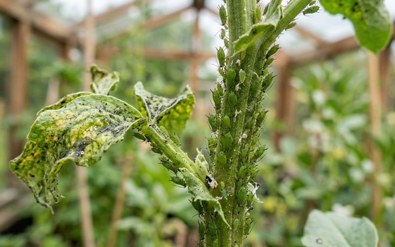 Green aphids clustered on a broad bean stem in a greenhouse