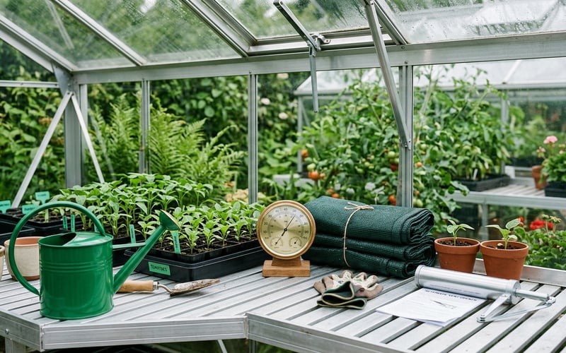 Essential greenhouse accessories including auto-vent opener staging and thermometer