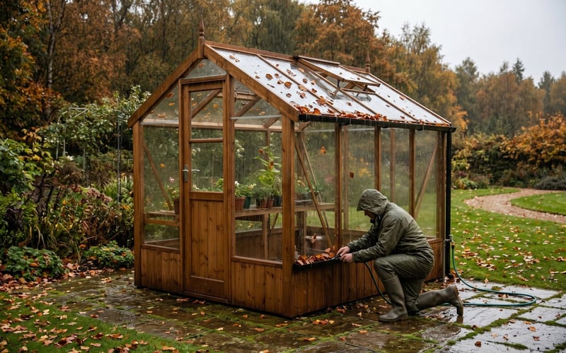 Gardener clearing autumn leaves from the gutter of a Swallow Kingfisher wooden greenhouse during deep-clean aftercare