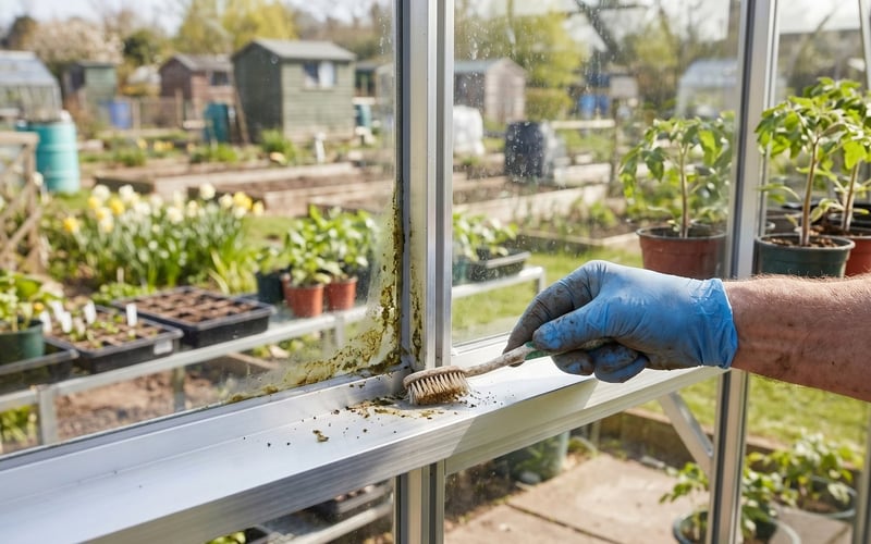 Gardener brushing algae from an aluminium greenhouse channel during spring greenhouse aftercare