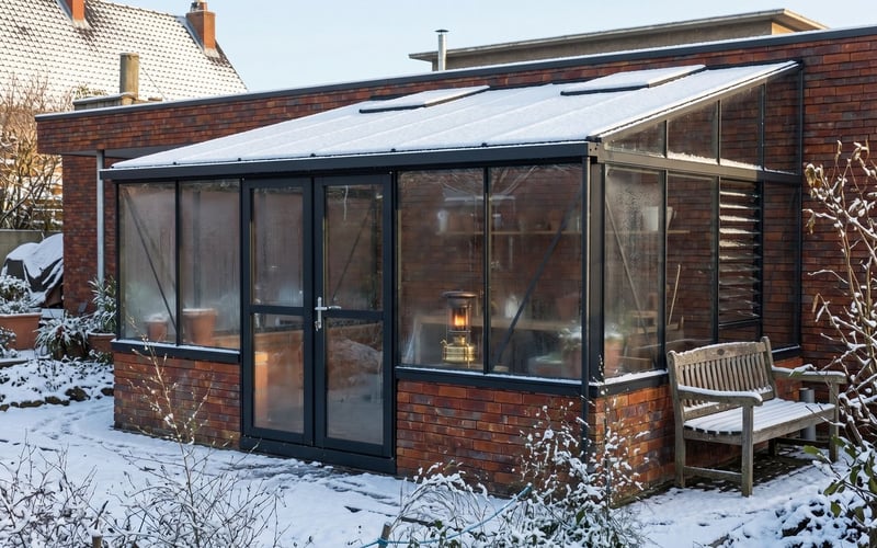 Black-framed Janssens Arcadia lean-to greenhouse in a snowy UK garden showing winter storm prep and frost protection aftercare