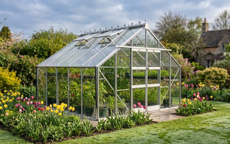 Silver aluminium greenhouse in a UK spring garden with tulips and daffodils showing seasonal greenhouse aftercare setting