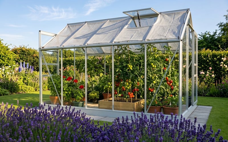 Silver Vitavia Venus greenhouse with shade netting fitted over tomato plants during a UK summer heatwave