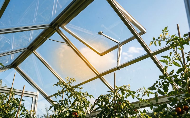 Vitavia automatic roof vent opener installed on a greenhouse roof window letting in fresh air on a sunny day
