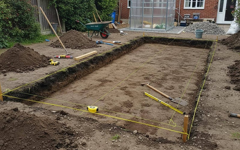 Excavated ground marked with string lines showing proper site preparation for greenhouse paving slab base