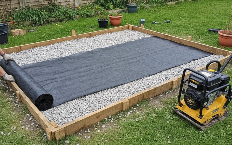 Weed membrane being rolled over compacted hardcore sub-base for a greenhouse foundation