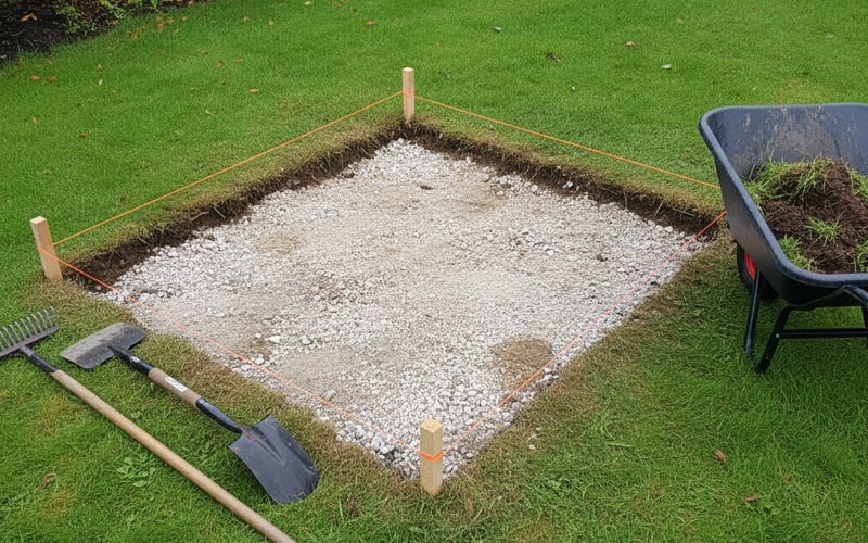 Marking out and clearing the ground for a greenhouse base with string lines and pegs