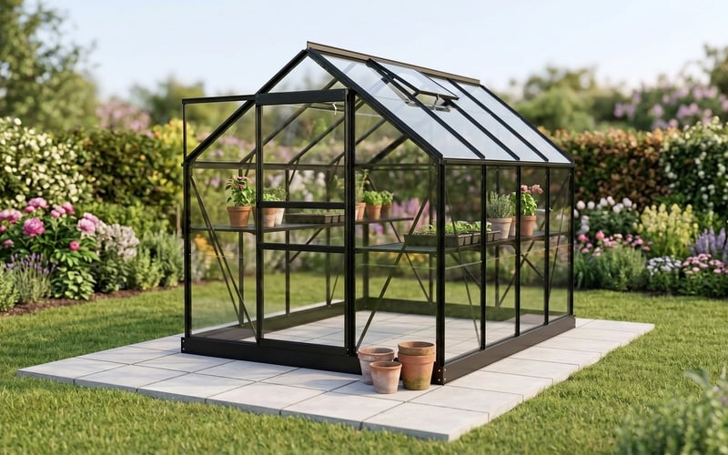 Black Vitavia Venus 5000 on a paving slab base in a British garden