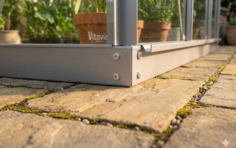 Close-up of a greenhouse base plinth on paving slabs showing a drainage gap.