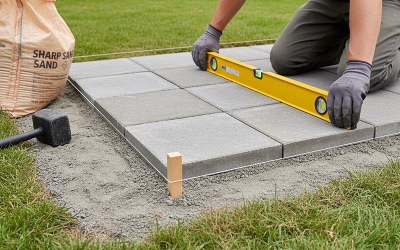 Spirit level being used to check paving slabs are level for greenhouse base