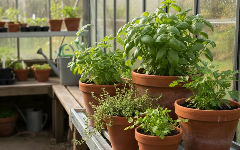 Potted herbs on aluminium staging shelves inside a greenhouse