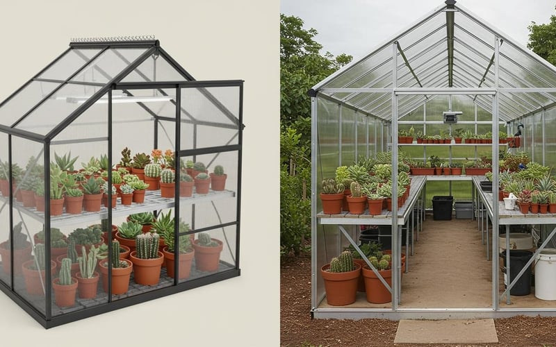 Comparison of mini greenhouse versus full-size for succulent growing