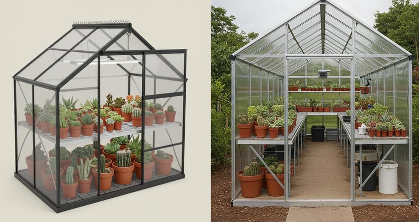 Visual comparison showing benefits of mini greenhouse versus full-size greenhouse for UK succulent growing