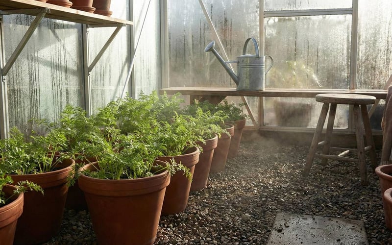 Carrots growing in deep pots inside a greenhouse during winter