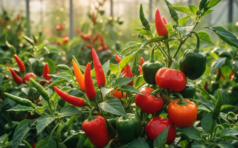 Red and orange chilli peppers ripening on plants inside a greenhouse