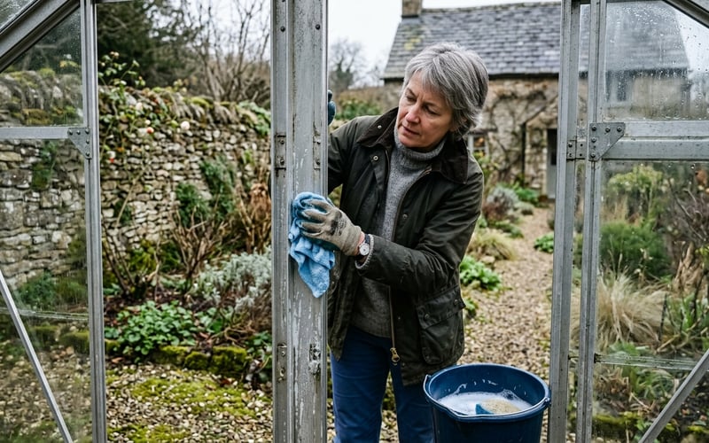 Cleaning an aluminium greenhouse frame with a cloth and soapy water