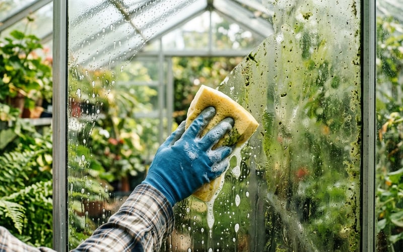 Close-up of cleaning greenhouse glass panels with a sponge and soapy water