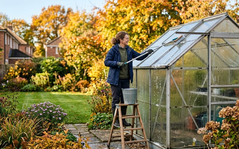 Person cleaning greenhouse glass panels on a sunny autumn day in a British garden