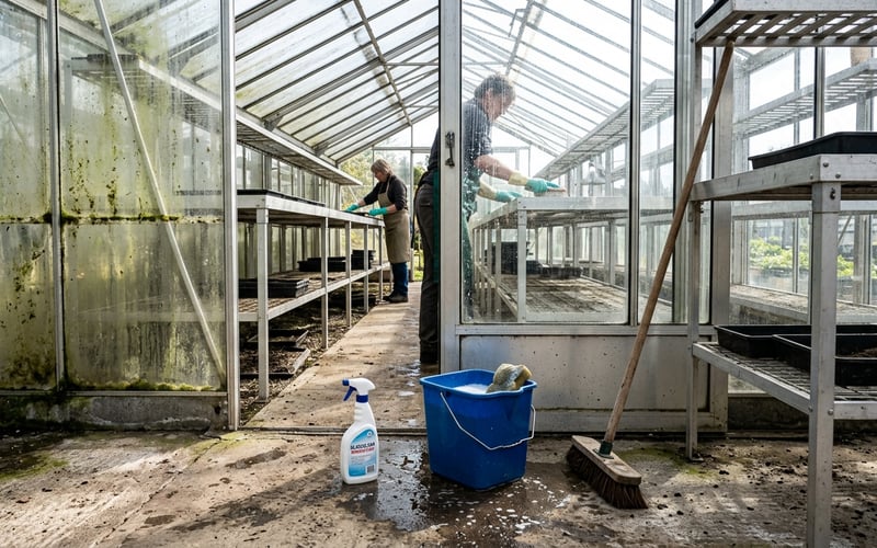 Interior of a greenhouse being cleaned and sterilised with spray bottle