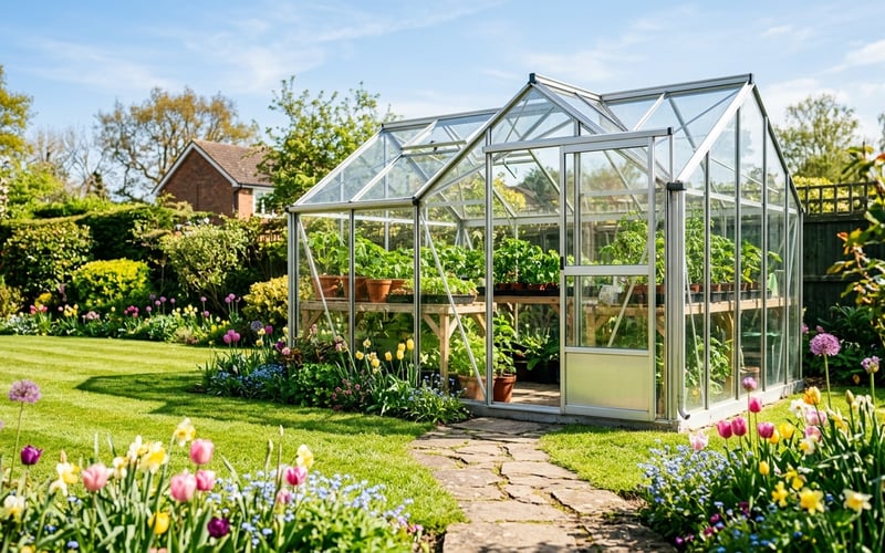 Sparkling clean greenhouse ready for spring planting in a sunny UK garden