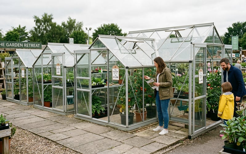 How much does a greenhouse cost in the UK - different greenhouse sizes on display at a UK garden centre