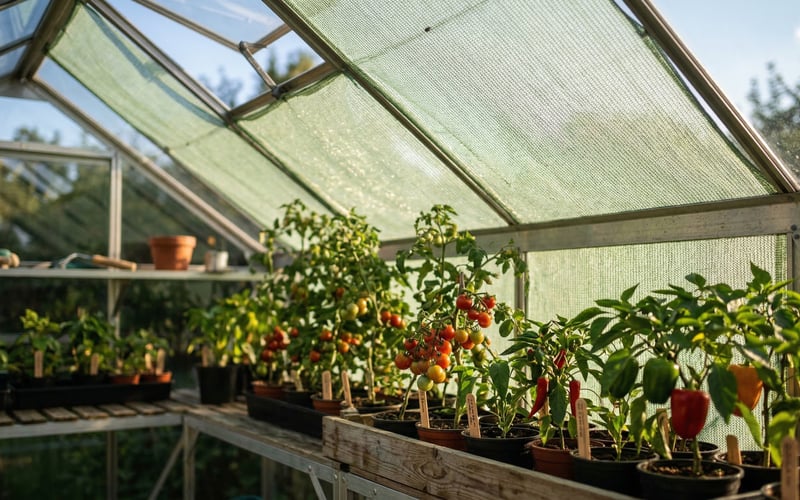 Vitavia curtain shading installed inside a greenhouse filtering summer sunlight onto tomato and pepper plants