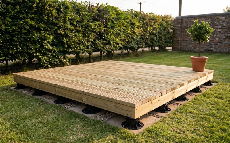 Swift Deck 2.4m decking kit on adjustable pedestals raised above the lawn