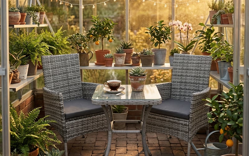 Lichfield Jardi rattan bistro set inside an aluminium greenhouse surrounded by potted plants with fairy lights and golden evening light
