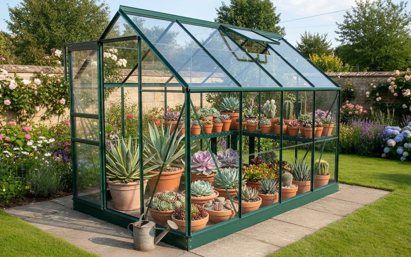 Green powder-coated Vitavia Venus 5000 greenhouse in a UK cottage garden with terracotta pots succulents and flowering borders showing the sage green frame colour trending in 2026