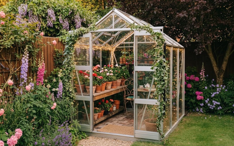 Decorated Elite Streamline aluminium greenhouse with fairy lights trailing ivy terracotta pots on staging and flowering plants in a UK garden at golden hour