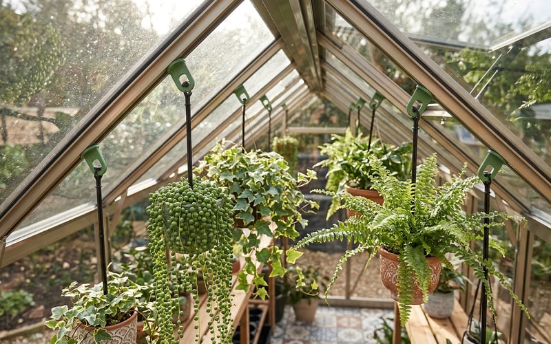 Palram plant hangers clipped to aluminium greenhouse roof bars with trailing ferns ivy and string of pearls hanging down into the sunlit interior