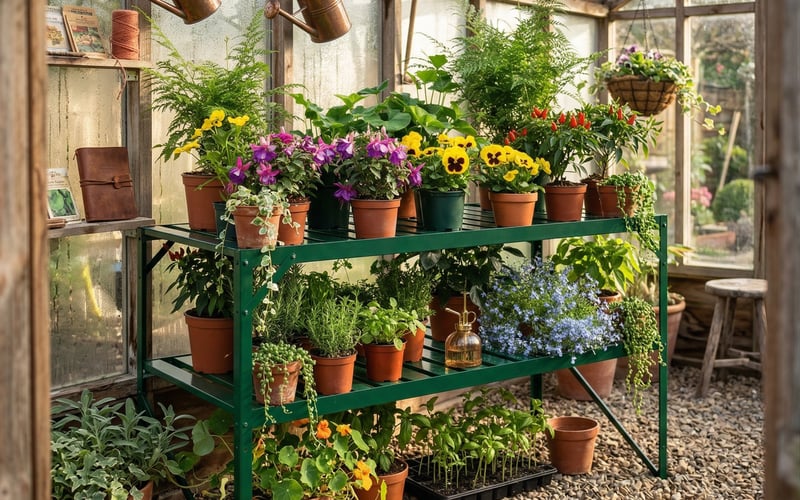 Vitavia two-tier green aluminium staging bench loaded with terracotta pots flowering plants and trailing herbs inside a decorated greenhouse