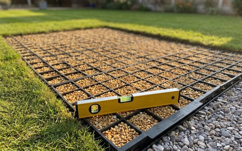 Fastfit EcoBase grid floor kit filled with pea gravel and a spirit level on top
