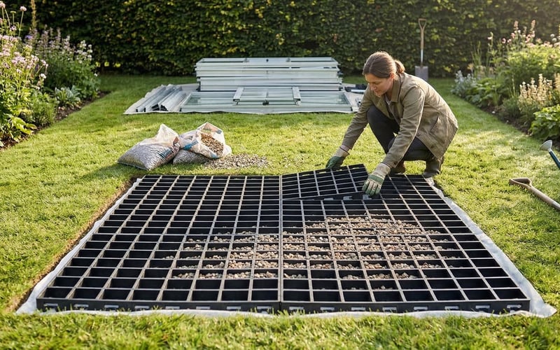 Fastfit EcoBase interlocking plastic grid base being assembled on level ground in a UK garden ready for a greenhouse