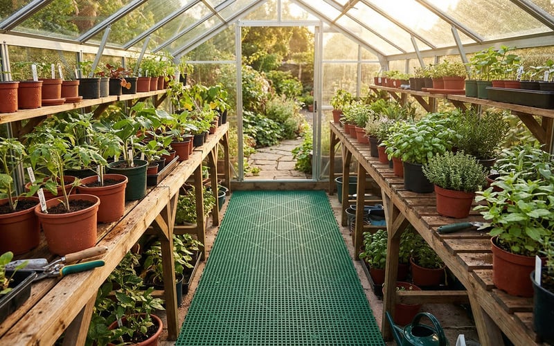Elite rubber floor matting laid as a walkway inside a greenhouse between staging benches with potted plants