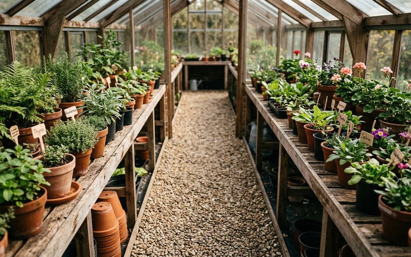 Greenhouse flooring options showing gravel path between wooden staging benches with potted plants in a UK greenhouse