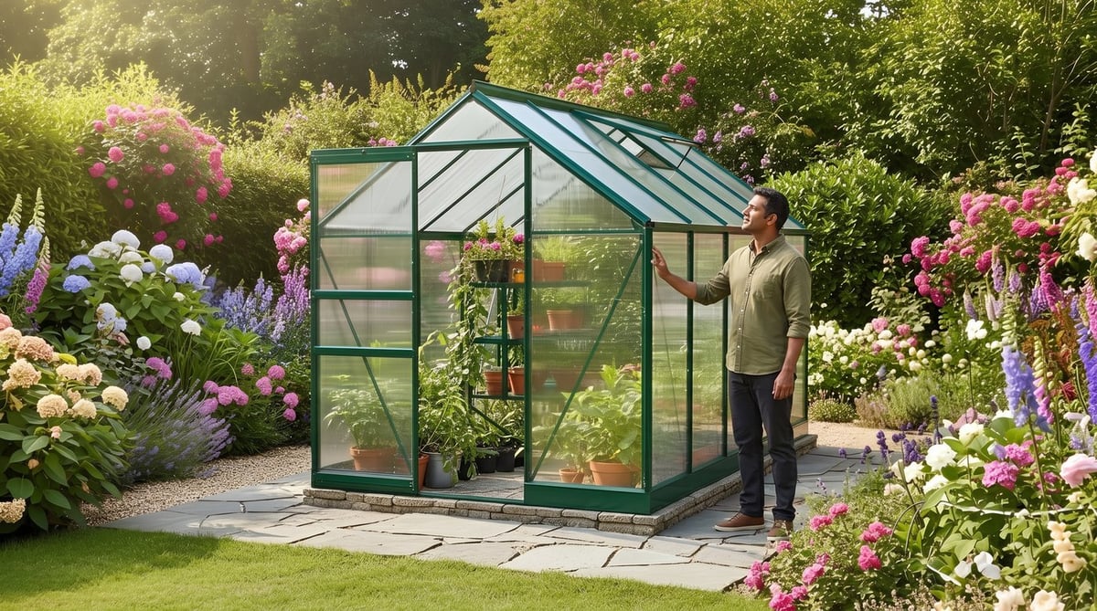 Gardener inspecting the twin-wall polycarbonate glazing on a green Vitavia Apollo greenhouse in a UK garden