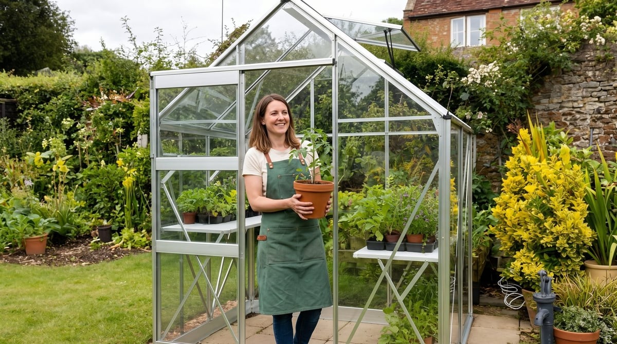 Beginner gardener potting up a tomato plant at the door of a small aluminium greenhouse in a UK garden
