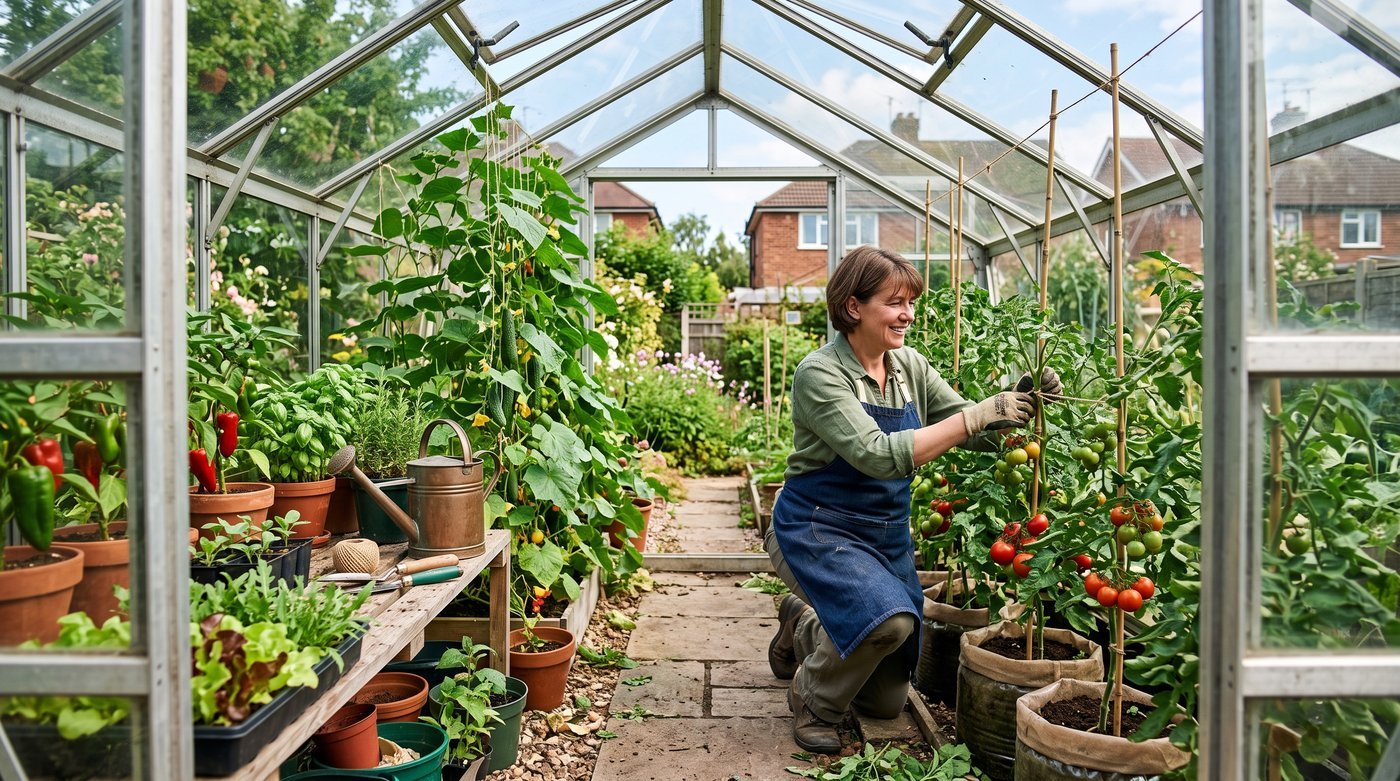 Gardener tying tomato plants inside a productive aluminium greenhouse in a UK garden