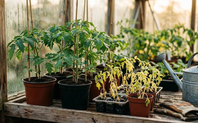 Common greenhouse growing mistakes including overwatered seedlings with yellow leaves in a UK greenhouse