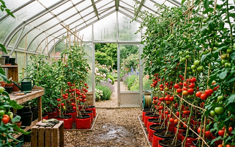 Large 8x6 greenhouse filled with tomato plants and grow bags in a UK garden