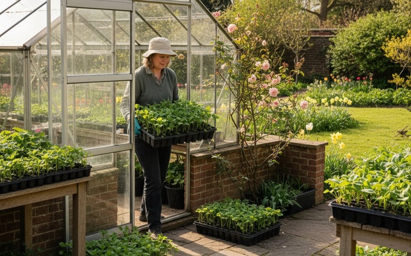 Seedlings being hardened off outside a greenhouse