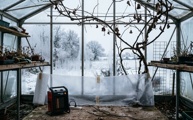 Electric fan heater protecting dormant kiwi vines in a UK greenhouse during winter with bubble wrap insulation