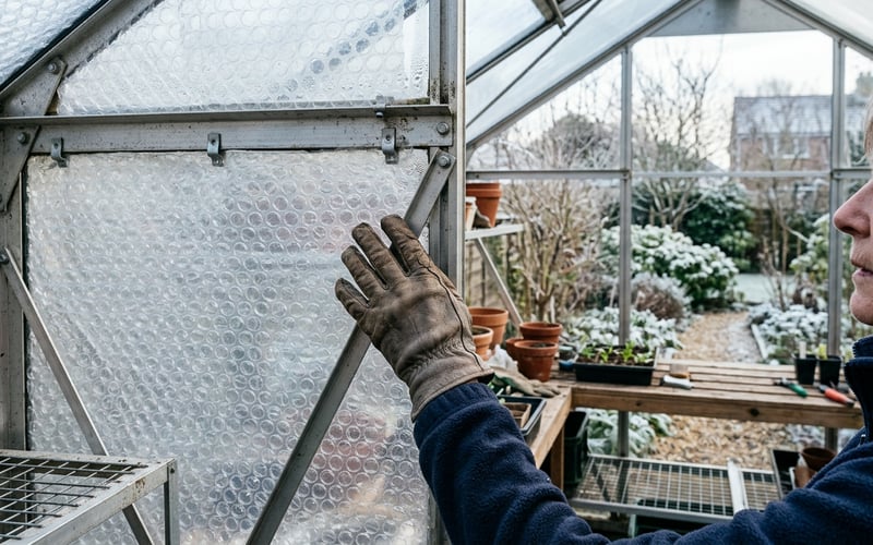 Bubble wrap insulation fitted inside a greenhouse to reduce heating costs