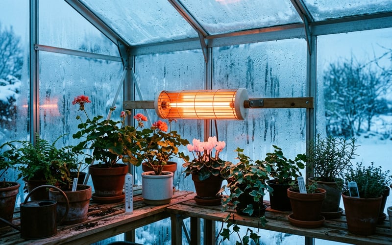 Greenhouse heater running inside an aluminium greenhouse in winter