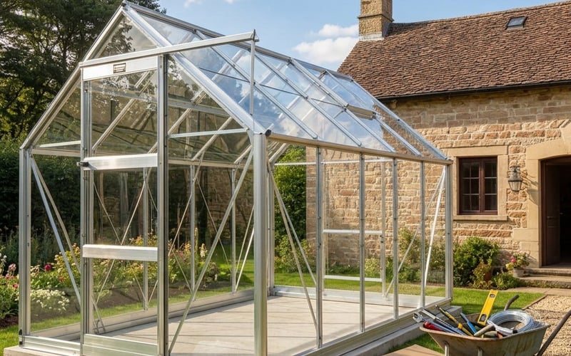 Elite Craftsman greenhouse properly installed in a country garden with tools and packaging nearby