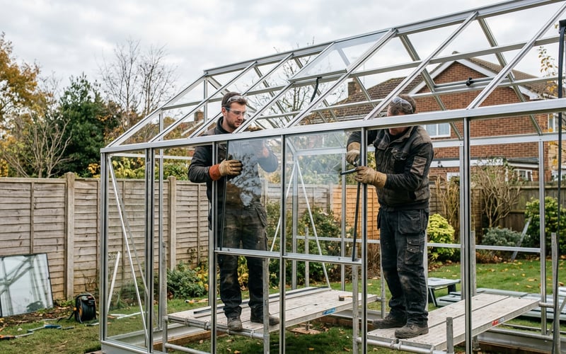 Two people safely fitting a glass panel into a greenhouse frame from the outside wearing goggles and gloves