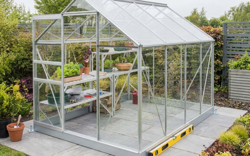 Vitavia Venus 5000 greenhouse properly installed on level paving slab base with spirit level
