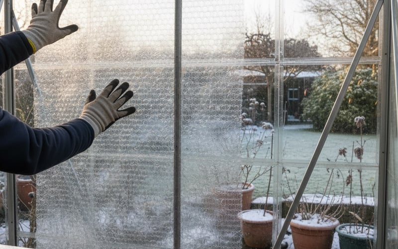 Bubble wrap insulation being fitted inside an aluminium greenhouse